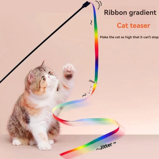 Interactive Teasing Cat Stick with Colorful Gradient Ribbon for Engaging Playtime with Cats and Dogs